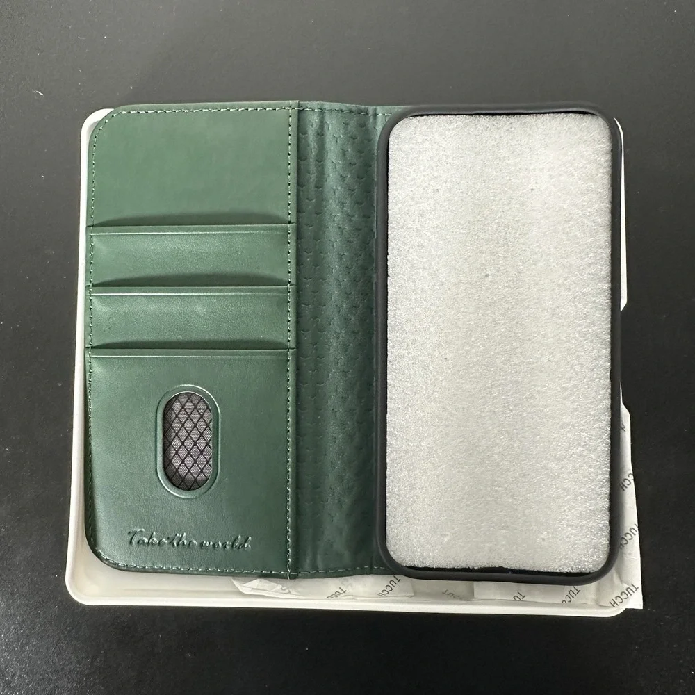 TUCCH iPhone 15‎ Wallet Case Flip Cover Blocking Leather Card Slots Green